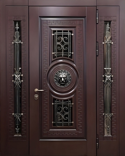 Парадная входная группа с терморазрывом, стеклом, ковкой и чеканкой «лев» (МДФ) Парадная входная группа с терморазрывом, стеклом, ковкой и чеканкой «лев» (МДФ)