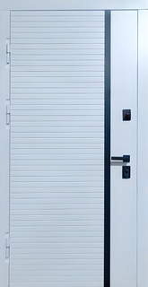Металлическая квартирная дверь с белыми плитами МДФ RAL и вертикальной черной полосой Металлическая квартирная дверь с белыми плитами МДФ RAL и вертикальной черной полосой