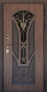 Уличная входная дверь с терморазрывом, фигурным стеклом и ковкой (влагостойкий МДФ) Уличная входная дверь с терморазрывом, фигурным стеклом и ковкой (влагостойкий МДФ)