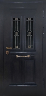Стальная термодверь с двумя стеклами и коваными решетками (МДФ черного цвета) Стальная термодверь с двумя стеклами и коваными решетками (МДФ черного цвета)