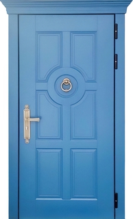 Металлическая термодверь с карнизом, кнокером и ручкой на планке «ретро» (панели МДФ RAL синий)