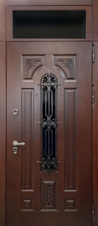 Входная термодверь со стеклом во фрамуге и с кованой решеткой (МДФ шпон)